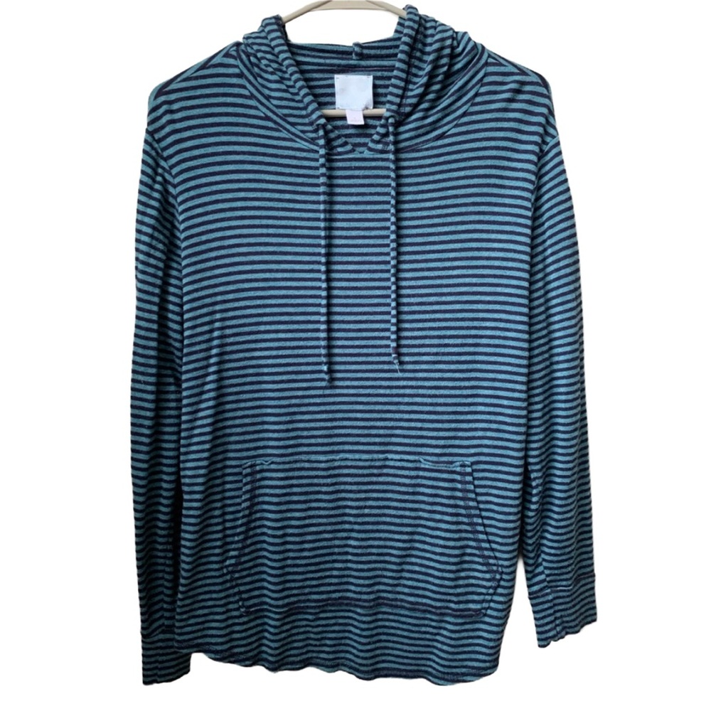 DRESS BARN SUNDAY Teal & Navy Striped Hooded Kangaroo Pocket Sweatshirt